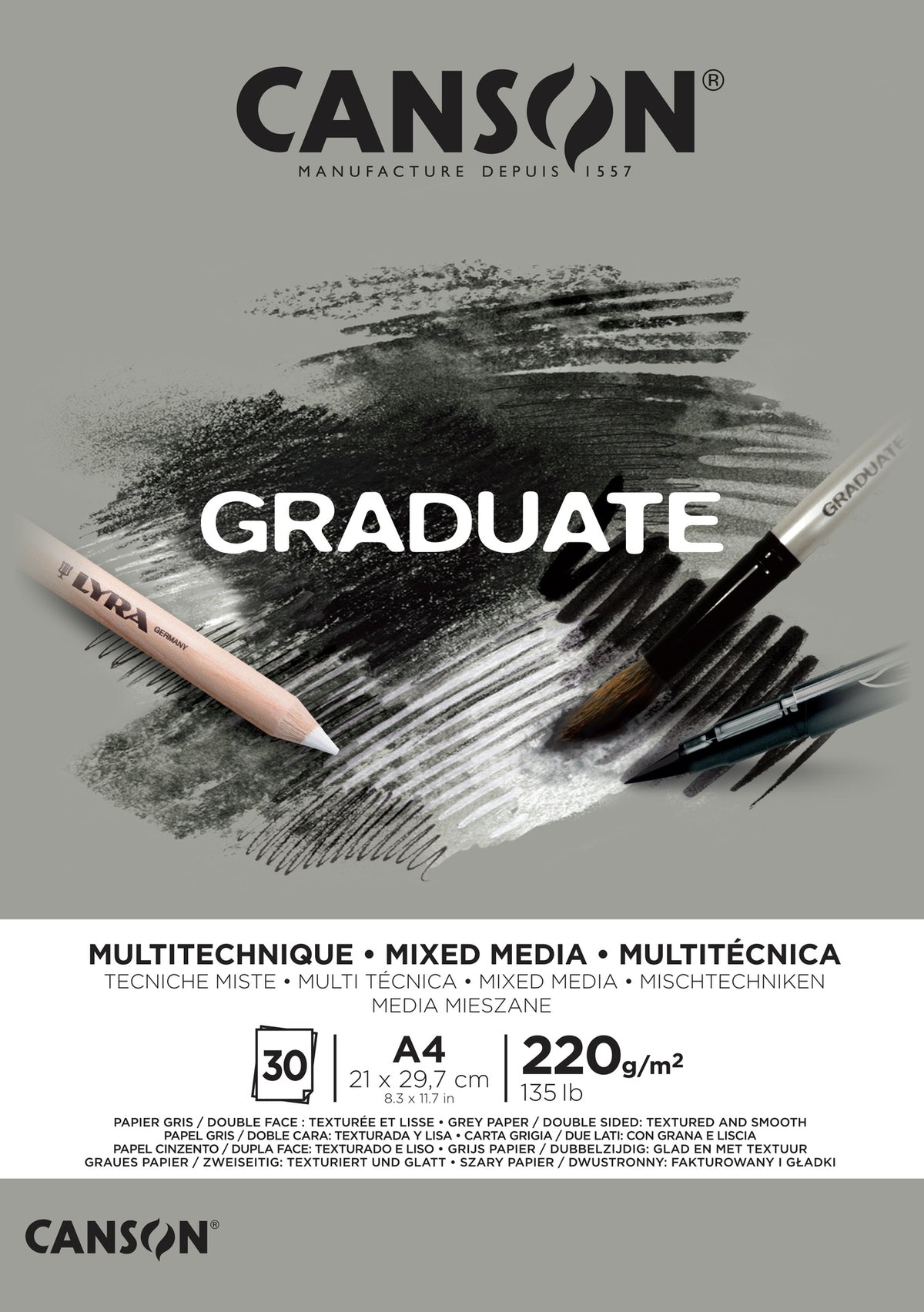 Taidelehtiö A4 Canson Graduate - Mixed Media 220g, harmaa