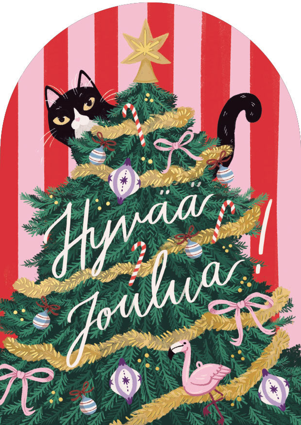 2-part Christmas card Kaisu Sandberg - Tree and cat, Merry Christmas!