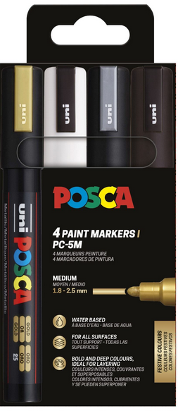 Maalitussit 4kpl Posca PC-5M MONO - kulta, hopea, valkoinen ja musta